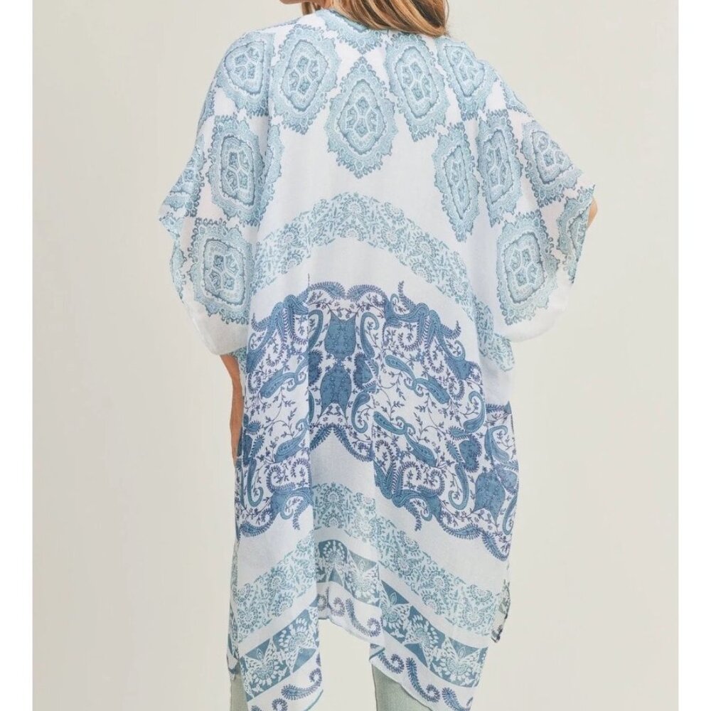 Bohemian Blue & White Kimono Cardigan NWT - Picture 2 of 7